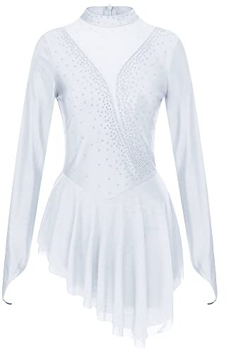 iEFiEL Damen Tanzkleid Patchwork Eiskunstlauf Kleid Langarm Kürkleid mit Strass Rollkunstlauf Wettbewerb Tanzanzug Weiß S