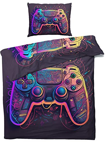 ZDABAOEC Gaming Gamer Bettwäsche 140x200 Kinder Jungen, Weiche Microfaser Kinderbettwäsche 2er Set - 1 Bettbezug + 1 Kissenbezug 70x90, mit Reißverschluss, Wende Motiv