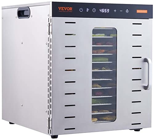 VEVOR 1000 W Dörrautomat Edelstahl, 300 x 280 mm 10 Stk. Tabletts 360° Trocken, Dörrgerät, 30-90℃ Temperaturregelung, 0,5 bis 48-Stunden-Timer, Überhitzungsschutz, Rezeptheft für Fleisch Obst Gemüse