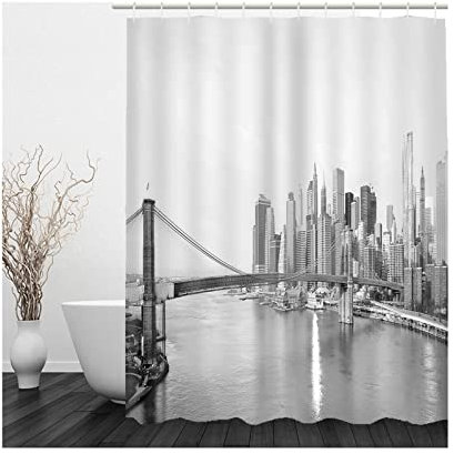 Whoiy Duschvorhang Grau, Duschrollo Um Die Ecke 150X180cm Polyester Duschvorhänge Stadt Fluss Brücke für Badezimmer Badewanne