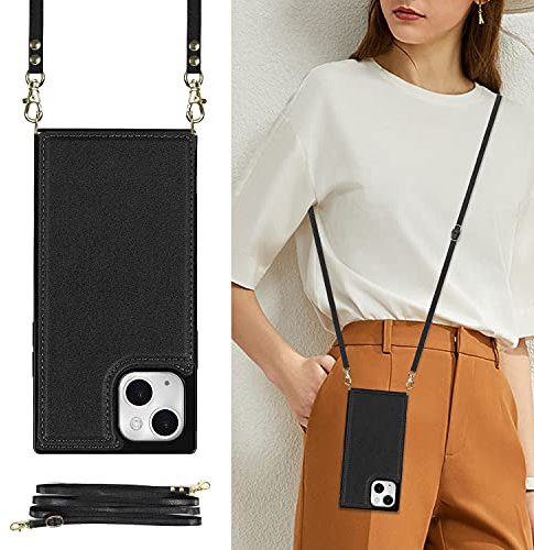 UEEBAI Crossbody Wallet Case for iPhone 13/iPhone 14 6.1 inch, Kickstand with Adjustable Removable Lanyard Neck Strap Case Card Holder Shockproof Cover Magnetic Clasp Cover Flip Case -Black