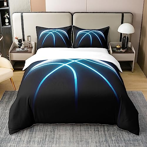 100% Natürliche Baumwolle Basketball Tröster Bezug für Jungen Jungen Sport Spiel Thema Bettbezug 155x220 Blaue Linien Streifen Neon Linien Bettwäsche Set Basketball Court Player Quilt Cover Schwarz