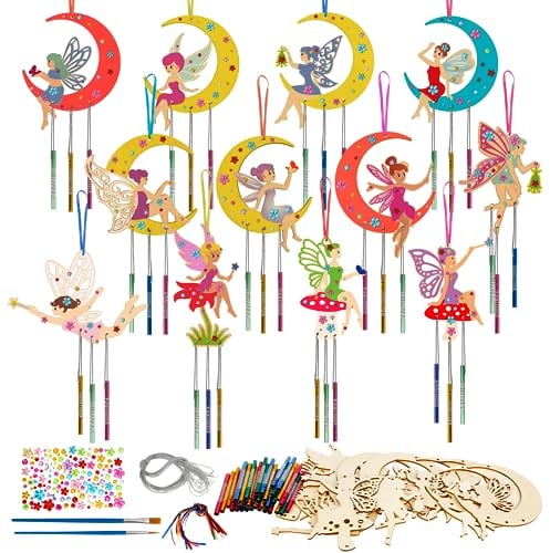WEDNOK 12 Stück Fee Windspiel Bastelset Kinder Holz Klangspiel Basteln Bastelhandwerk zum Bemalen Feen Kreativsets für Mädchen Kindergeburtstag Bastelarbeiten