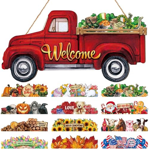 Ferraycle 13 Stück Weihnachten austauschbares Willkommensschild Weihnachten rot LKW Dekor Urlaub Türdekoration mit 12 Feiertagssymbolen Bauernhaus rustikale saisonale Feiertagsdekoration Geschenke für