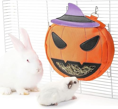 JanYoo Halloween Kaninchen Heu Feeder Tasche für Käfig Meerschweinchen Timothy Heu Spender Lagerung Krippe hängen groß weniger Abfall für Häschen (Kürbis)