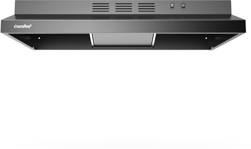 COMFEE' 30 Inch Under Cabinet Range Hood, 200 CFM Slim Stove Vent Fan in Black Finish, Ductless/Ducted Convertible Vent Hood for Kitchen, 2-Speed Exhaust Fan with 2 Reusable Filters