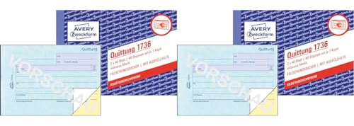AVERY Zweckform 1736 Quittungsblock (A6 quer, 2x40 Blatt, mit Durchschlag, fälschungssicher, inkl. MwSt., für Deutschland und Österreich) weiß/gelb (Packung mit 2)