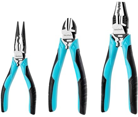 DURATECH Set di Pinze Professionali da 3 Pezzi - Universali da 200 mm, a Becchi Lunghi da 160 mm, a Taglio Diagonale da 160 mm