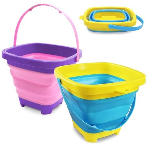 2pcs Foldable Beach Play Sand Pails, Collapsible Buckets with Handle for Kids, Outdoor Summer Beach Camping (Pink-Purple+Blue-Yellow)