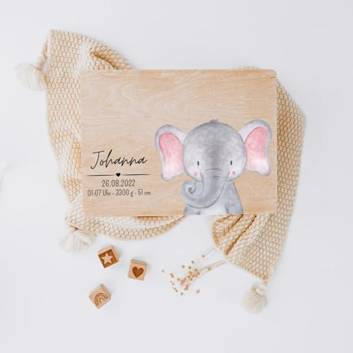 wunderwunsch® - Personalisierte Erinnerungsbox Baby mit Spezial-Druck - Baby Erinnerungsbox - Erinnerungskiste aus Holz - Geschenk zur Geburt (Elefant, M-Klappdeckel)
