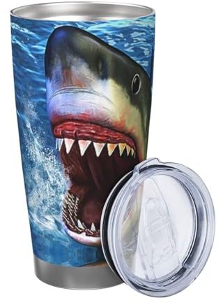 ZaKhs Becher mit Haikopf-Aufdruck, 590 ml, mit Deckel und Strohhalm, Edelstahl-Kaffeetasse, isolierter Reisebecher für Damen und Herren