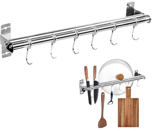 momgyaamz Ganci Cucina, Barra Portautensili Cucina in Acciaio Inox, Senza Trapano, Porta Mestoli da Cucina a Doppia Asta Multiuso, Porta Utensili Cucina con 6 Ganci