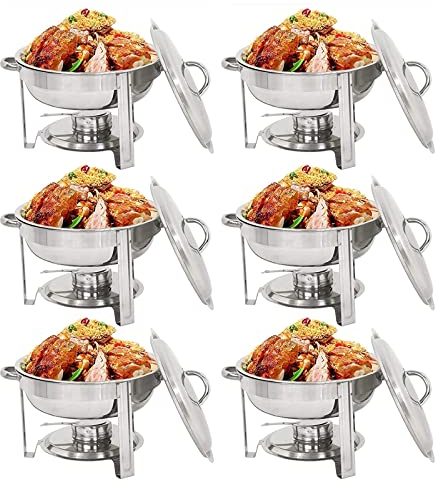 6 Pack Stainless Steel Chafing Dish Buffet Warmer Set 5 Qt Round Chafer Dish With Food Pan, Wate Pan, Lid, Frame And Fuel Holder