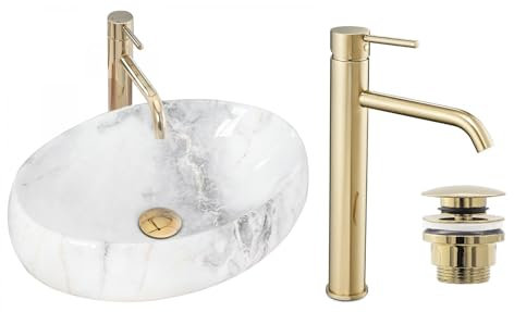 GTM Design Aufsatzwaschbecken Glanz Set mit Waschtischbatterie und Stopfen - Aufsatzwaschbecken Oval für Badezimmer - Modern Waschbecken ohne Hahnloch - Waschbecken mit Armature - Modell 1