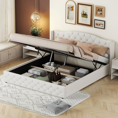 YCYDHDM Polsterbett 180x200cm mit Stauraum, Hydraulisch Doppelbett mit Bettkasten, Bettgestell aus Massivholz und Leinenstoff, Bett mit Lattenrost, Ohne Matratze, Stauraumbett, Beige