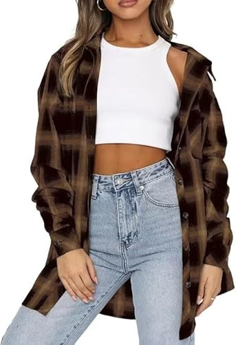 LACOZY Women Plus Size Checked Shirts Cute Flannels Long Sleeve Tops Button Down Plaid Shirts Khaki Medium
