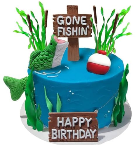 Gone Fishing Cake Topper, Fish Cake Decorations with Bass Reed Happy Birthday Sign Fisherman Themed Decoration for Retirement Party Supplies (Fishing)