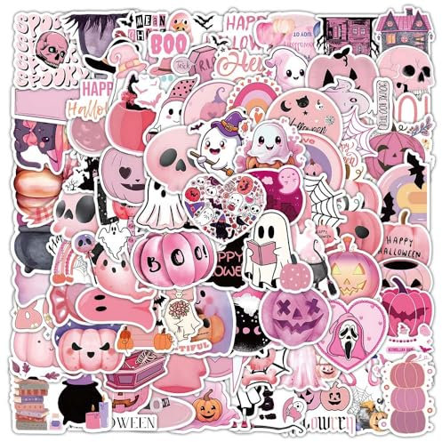 100 Pcs Rosa Halloween Aufkleber Vinyl Cartoon Funny Horror Sticker für Wasserflaschen Skateboard Laptop Koffer Auto Fahrrad Gepäck,Wasserdicht Halloween Geist Aufkleber für Kinder Jugendliche