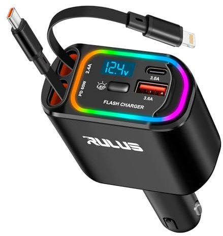 RULUS Upgrade 4 in 1 Retractable Charger for Car, PD 65W Fast Car Phone Charger with 2 Charging Cables and 2 USB Ports, 12-24V Voltage Display for iPhone 16/15/14/13/12 Pro Max XR/iPad