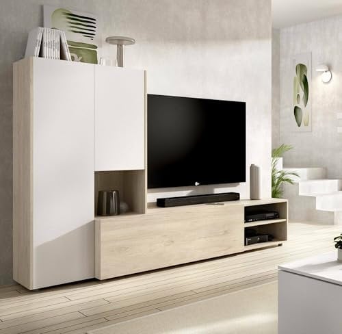 Dmora - Parete attrezzata Ainos, Composizione soggiorno, Mobile salotto multiuso, Armadio porta TV, 227x40 h141 cm, Bianco e Rovere