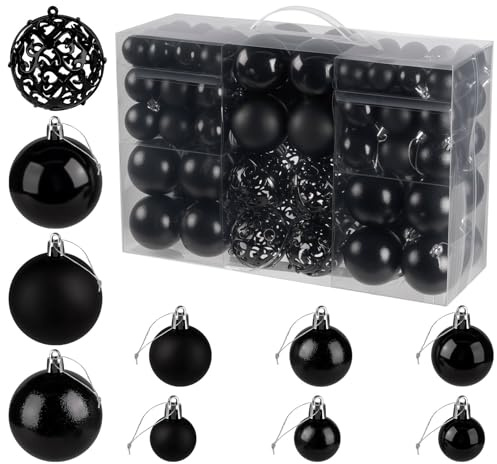 Weihnachtskugeln Schwarz, 100 Stück Christbaumkugeln Ornamente, Weihnachtsbaum Deko Kunststoff, Weihnachtsbaumschmuck ∅ 3, 4 & 6 cm, Weihnachtsbaumkugeln für Weihnachtsdeko