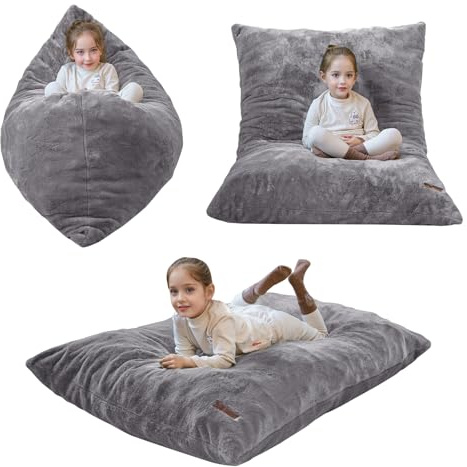 MAXYOYO 3 in 1 Kids Bean Bag Chair Bed, Child Floor Sofa for Gaming, Reading, Faux Fur Floor Mattress with High-Density Foam Filling for Living Room Bedroom