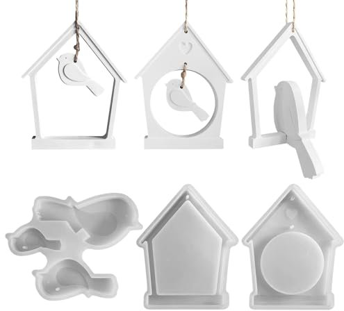 Silikonformen Gießformen Frühling Deko,Silikonformen Gießformen Häuser Vogel,Silikonform Anhänger Vogel Haus,Silikonformen Gießformen Vogel Haus Kerzenhalter Gießform Haus Beton Gießform (01)