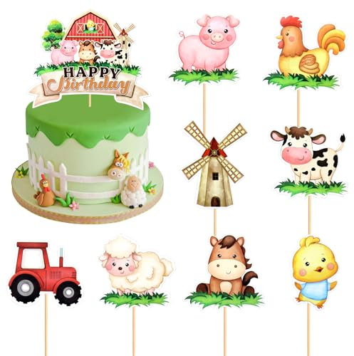 VARACL 25PCS Farm Animals Cupcake Toppers, Farm Cake Topper for Farm Birthday Decorations, Cow Chicken Sheep Tractor Cupcake Topper for Farm Theme Birthday Party Favor Decor Supplies Cake Decorations