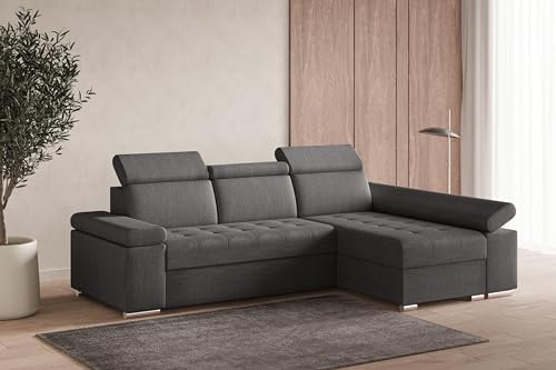 mb-moebel Ecksofa mit Schlaffunktion Eckcouch mit Bettkasten Sofa Couch mit verstellbare Kopfstütze L-Form Polsterecke Schlafsofa Gästebett - 260x168x94 cm - Luka (Grau (Twist 20), Rechts)
