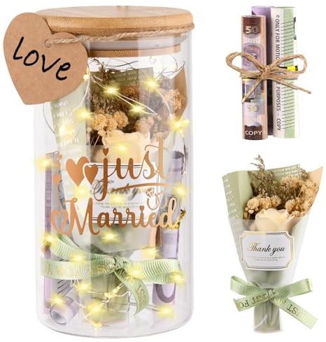 Hochzeitsgeschenke für Brautpaar, LED Flaschenlicht Hochzeit, Hochzeitsgeschenk Geld mit Trockenblumen, Anhänger und LED-Leuchten, Geldgeschenke Hochzeit Verpackung, Just Married Hochzeit Spardose