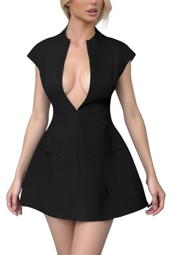 Women's Summer Sexy Mini Dress - Elegant Cap Sleeve Deep V Neck Zipper A-line Night Out/Club Party Dress, Black, S