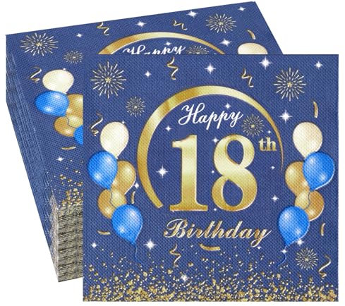 60 Stück Servietten 18 Geburtstag Blau Servietten Gold Tischläufer Deko Papierservietten Happy Birthday Geburtstagsservietten für Junge Mädchen 18. Geburtstag 33 x 33 cm