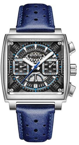 SEVEN XII Quadratische automatische Chronograph-Uhr für Herren, schwarz, selbstaufziehend, Saphirglas, Business, klassisch, leuchtend, Sport-Armbanduhr S005, Blau