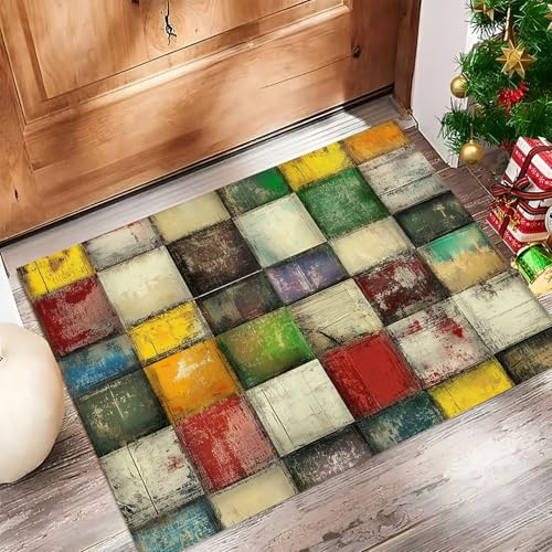 MULERN Fußmatte Schmutzfangmatte Innen 90x150cm, Retro rutschfeste Wasserdicht Türmatte, Distressed Farbblock Eingangstürmatte mit Wasserabsorbierenden, Haustür & Flur, bunt