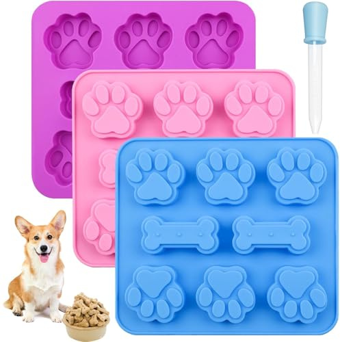 3 Silikon Backformen für Hundekekse, Backmatte Hundekekse mit Pipette, Hundeeis Form für hausgemachte Leckerlis, Hunde Eis und Eiswürfel, 17.6 x 15.6 cm, lebensmittelechtes Silikon