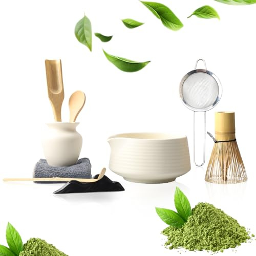 Set Matcha 9 Pezzi Bianco Opaco – Kit Cerimonia del Tè Giapponese con Ciotola con Beccuccio Frusta in Bamboo 2 Cucchiai Chashaku Pesce Supporti Chakin e Filtro