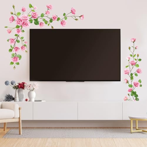 SHUCHING Wandtattoo Rosenranke Rosa | Wandsticker Blumen Rosa, Selbstklebend Wandaufkleber für Wohnzimmer Schlafzimmer Tür TV