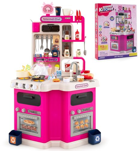 COSTWAY Kinderküche mit 113 Zubehör, Eck-Spielküche mit Licht, Sound & Dampf, Kinder Küche mit Kochherd, Spüle & Wasserfunktion, Puppenküche, Spielzeugküche für Kinder ab 3 Jahren (Rosa)