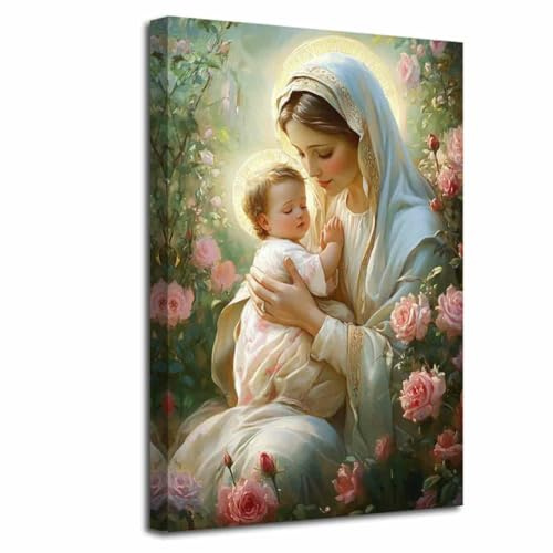 LZIMU Jungfrau Maria Katholische Bilder Mutter Maria mit dem Jesuskind Gemälde Rosa Rosen Madonna Leinwanddruck Christliche religiöse Kunstwerke Heim Dekor (Grün, (60L x 40B cm))