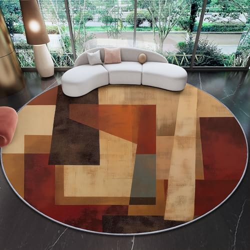 Waschbarer Teppich Rund 140 cm, Abstrakt Geometrisch Textur Runder Wohnzimmer Schlafzimmer Rutschfester Teppich, Braun Beige Kurzflor Carpet Living Room Bedroom Esszimmer Teppiche