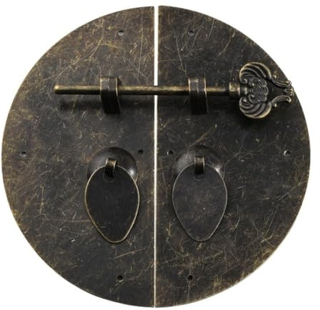 Whychstore Verrou rond en fer et cuivre pour meubles, style chinois traditionnel avec fermeture sécurisée, bronze 10 x 10 cm