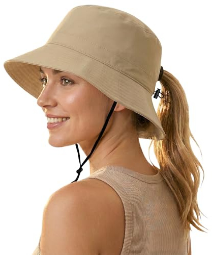 ehsbuy Sonnenhut Damen mit Pferdeschwanzloch Fischerhut Faltbar Wasserdicht Bucket Hat Verstellbare Kinnriemen Safari Anglerhut für Sommer Outdoor Reisen Wandern