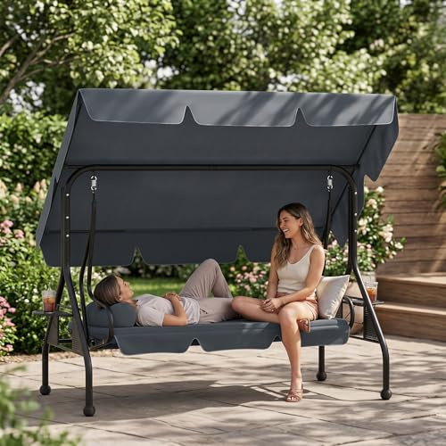 QEENTOE 3-Sitzer Hollywoodschaukel 2in1 Gartenliegeschaukel mit Sitz- und Liegefunktion, verstellbare Rückenlehne Sonnendach & komfortable Polsterauflage robuster Stahlrahmen bis 350 kg Tragkraft Grau