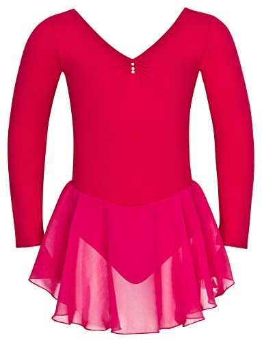 tanzmuster ® Ballettkleid Mädchen Langarm - Anna - aus weichem Baumwollstoff mit Glitzersteinen und Chiffon Röckchen fürs Kinder Ballett Ballettbodyin pink, Größe:116/122