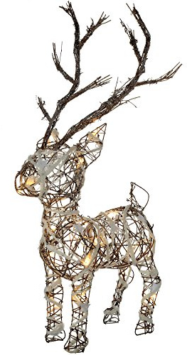 WeRChristmas Pre-Lit Rattan Warm White LED Reindeer with Snow and Stars Christmas Decoration, 48 cm - Multi-Colour