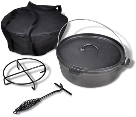 vidaXL 5.6L Black Dutch Oven with Accessories - Versatile Cast Iron Cookware for Indoor and Outdoor Use