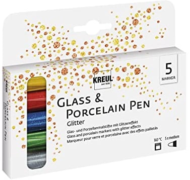 KREUL 16530 - Glass & Porcelain Pen glitter, 5 Stifte in sonnengelb, rot, blau, grün und anthrazit, Strichstärke ca. 1 - 3 mm, halbtransparente Farbe mit Glitzereffekt, für Glas, Keramik und Metall