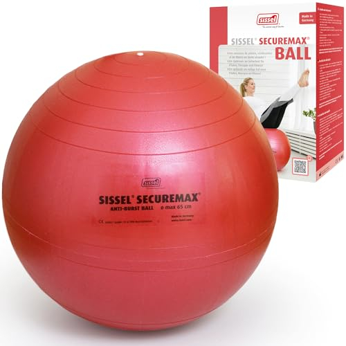 SISSEL® SECUREMAX® Gymnastikball rot | Maße 65 cm | Belastung bis 500 kg | 100% PVC & recyclebar | Für Fitness & Therapie | SECUREMAX-Sicherheitssystem | Inkl. Übungsposter & Stöpselheber