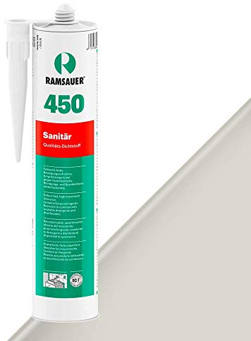 RAMSAUER 450 Sanitär 1K Silikon (Silbergrau Nr. 17) - 310ml Kartusche, ideal für Feuchträume & Nassbereiche, Lebensmittelbereich, leicht verarbeitbar, schnelle Tiefhärtung, optimale Glättbarkeit