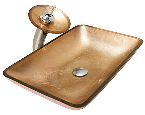 HomeLava Lavabo da Appoggio Lavabo da bagno fatto a mano in vetro temperato rettangolo oro con rubinetto a cascata
